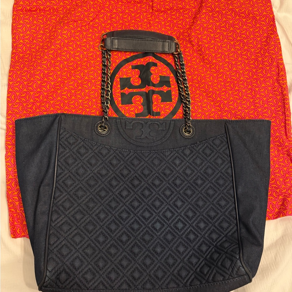 Tory Burch Black Quilted Tote with Leather Handles